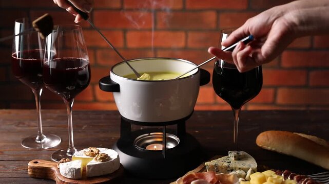 Women dipping pieces of different snacks into fondue pot (caquelon) with melted cheese at wooden table indoors, closeup