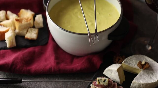 Fondue pot (caquelon) with melted cheese and snacks on gray textured table, closeup. Camera moving left and up