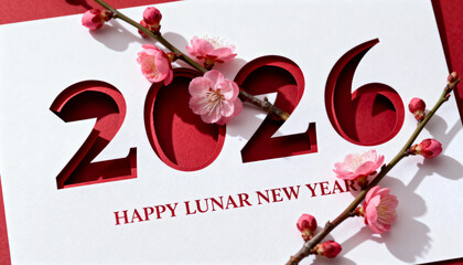 Festive Lunar New Year 2026 design with pink cherry blossoms and text "Happy Lunar New Year" on red and white background