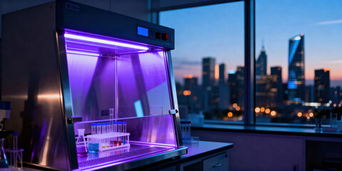 Laboratory fume hood with test tubes illuminated by purple light in a modern lab setting with cityscape at dusk