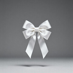 Elegant white satin ribbon bow isolated on a gray background, symbolizing celebration, gift wrapping, or decoration.
