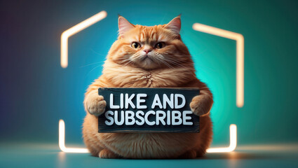 Cute ginger cat holding a sign with text "LIKE AND SUBSCRIBE" against a glowing neon background