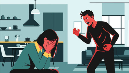In a tense domestic scene, a man outlined in angry red hues yells aggressively at a heartbroken woman who buries her face in her hands, illustrating a moment of volatile conflict in a modern kitchen