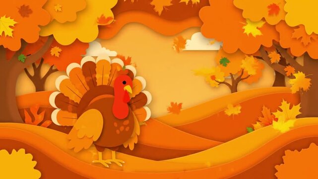 A charming autumn illustration capturing a festive turkey amidst a vibrant fall landscape with layered paper-cut style trees and rolling hills, evoking the cozy spirit of the harvest season - Powered by Adobe