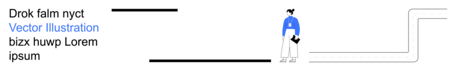 Fototapeta premium Business communication, modern design, workflow processes, minimalism, online learning, corporate . A person stands next to abstract lines and text. Business communication and modern design concept