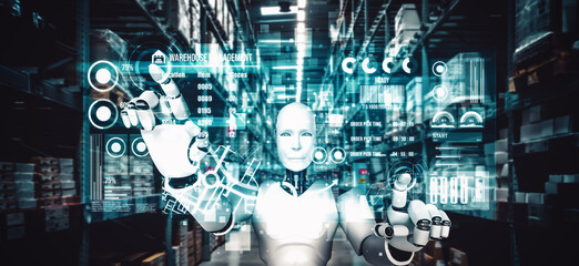 Innovative industry robot working in warehouse for human labor replacement . Concept of artificial...