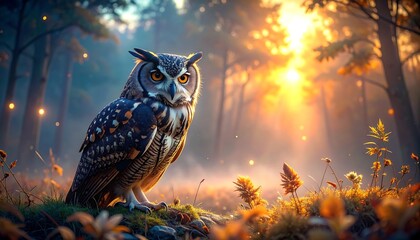 An owl sits in a forest clearing, illuminated by sunlight filtering through the trees, creating a warm, magical scene