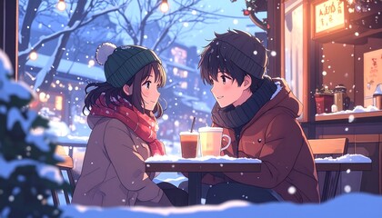 Animated couple gazes at each other at a snowy outdoor cafe, holding warm beverages and enjoying a romantic winter scene