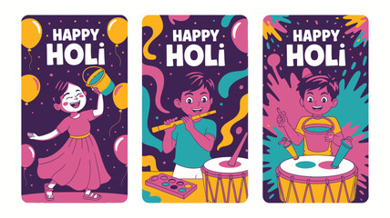 Obraz premium Three cheerful children celebrating Happy Holi with balloons, musical instruments, and colorful powder