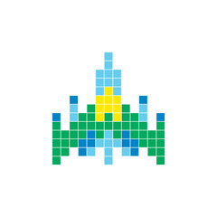 Obraz premium A flat pixel design made of geometric square color blocks on a clean icon layout. Pixel art spacecraft
