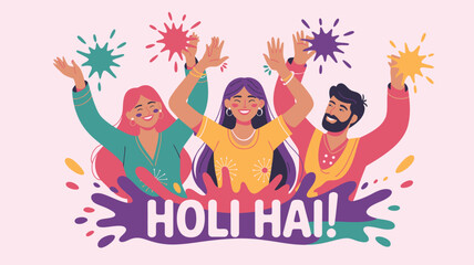 Fototapeta premium Three happy people joyfully throwing colorful powder celebrating the vibrant Holi festival