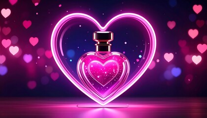 A heart-shaped perfume bottle glows within a neon outline. Romantic, vibrant scene with bokeh lights and floating hearts on dark background