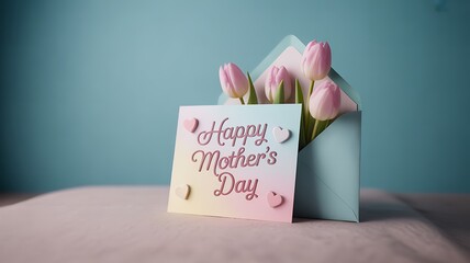 Happy Mothers Day card with pink tulips in blue envelope for gifting