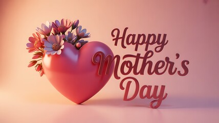 Happy Mothers Day text beside a glossy pink heart adorned with delicate flowers on a warm gradient background