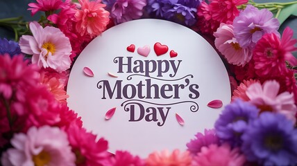 Happy Mothers Day greeting surrounded by vibrant colorful flower wreath