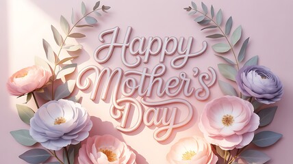 Happy Mothers Day text with pastel peonies and foliage