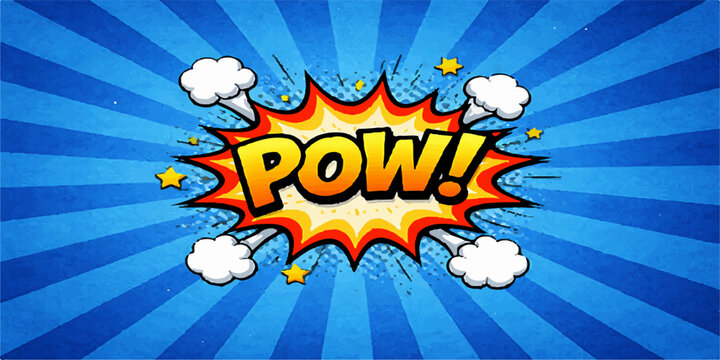 A vibrant pop art vector illustration featuring a comic book explosion with a yellow sunburst background, incorporating a heroic boom text sign and a power burst symbol for a summer sale design
