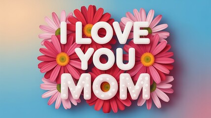 Iridescent I LOVE YOU MOM text gracefully arranged amidst a vibrant floral sculpture of red and pink blooms
