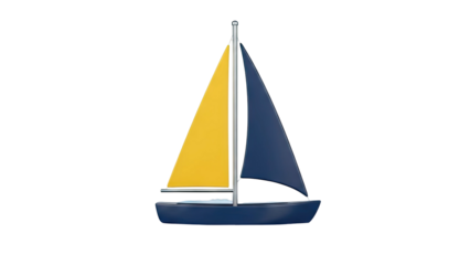 3D render of a toy sailboat with blue hull and yellow and blue sails