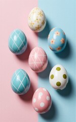 Pastel Easter eggs in floral, polka dot and grid patterns on soft pink and blue background.