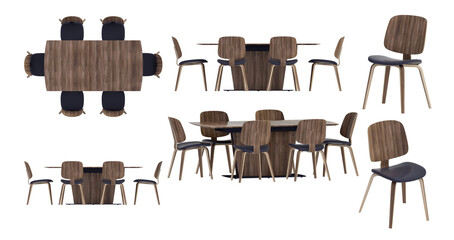 3D render of a dining table and chair furniture set on a transparent background
