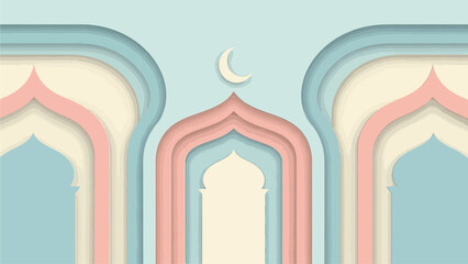Ramadan background displays Islamic arches and crescent moon in layered paper cut design