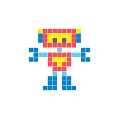 A flat pixel design made of geometric square color blocks on a clean icon layout. Pixel art robot