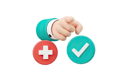 3D Hand Choosing Between Plus and Checkmark Symbols