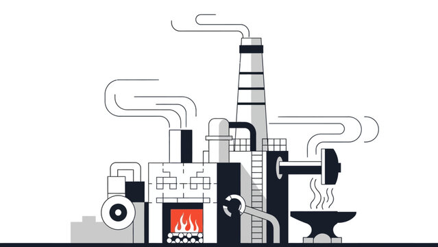 Illustration of a factory with a tall smokestack emitting smoke, a furnace with flames, and industrial machinery.