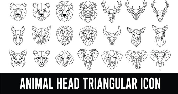 Set of Geometric Triangular Line Art Icons of Animal Heads for Modern Logo and Tattoo Design