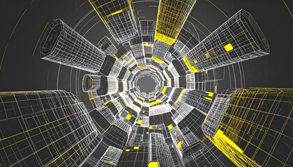 Futuristic cityscape with wireframe skyscrapers and yellow accents
