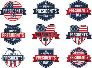 Obraz premium Patriotic Happy President's Day Badge Collection with American Flag Elements and Eagle Symbols