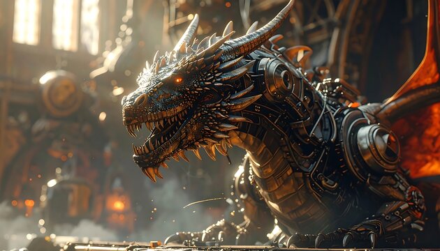 A mechanical beast with red eyes is the focus. It sits among intricate steampunk machinery. Smoke adds a mysterious effect