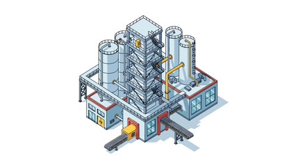 Fototapeta premium Modern industrial complex with storage tanks and processing units in an isometric vector illustration. Depicting a factory, chemical plant, or manufacturing facility for various production processes