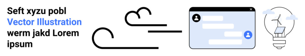 Obraz premium Technology, communication, renewable energy, innovation, wind power, environmental protection. A chat interface with dialogue bubbles alongside a wind turbine-inspired lightbulb. Communication