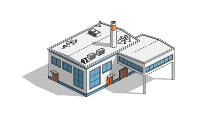 Modern isometric line art illustration of an industrial factory building, representing manufacturing, production, and business operations with a clean architectural design