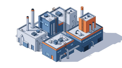 Obraz premium Isometric vector illustration of a modern industrial complex. Factory buildings, smokestacks, and pipes represent manufacturing, production, and economic infrastructure