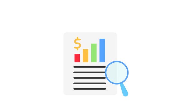 Case Study Flat Animation 2D Cartoon 4K Video with paper, report and magnifiying glass. Relate To Product Offering, Marketing, Commerce And Shopping. Editable On Transparent Background Alpha Channel.