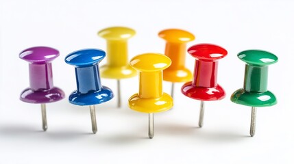 Grouping of colorful push pins with metal tacks on white background