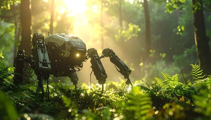 A mechanical spider robot, with detailed components, navigates a lush green forest, sunlit from above, amidst ferns