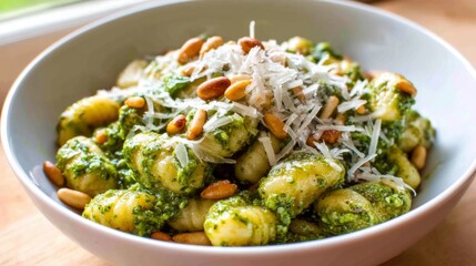 Creamy Pesto Gnocchi Topped with Pine Nuts and Grated Cheese in a Charming White Bowl on a Wooden Table