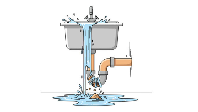 Kitchen sink plumbing problem illustration showing a clogged pipe leaking water and an overflowing basin creating a mess in a domestic setting.