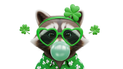 Raccoon in St. Patrick's Day Gear Blowing Bubble Gum