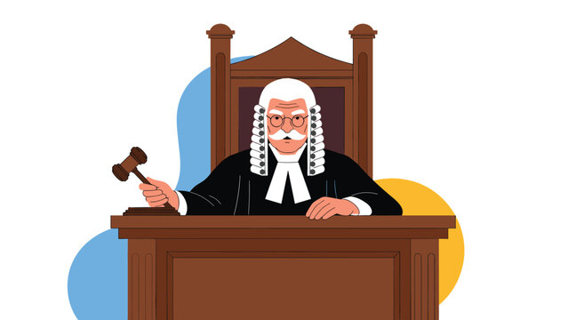 Judicial system illustration depicting a judge in classic court robes and a white wig presiding with a wooden gavel at his bench.