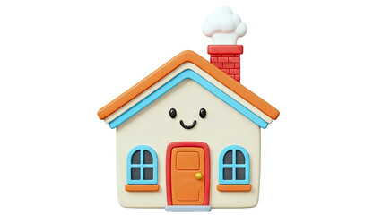 Cute 3D Cartoon House with Smiling Face and Chimney
