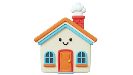 Cute 3D Cartoon House with Smiling Face and Chimney
