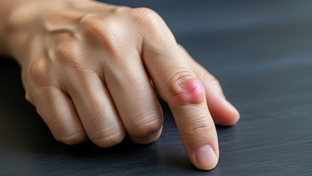 Close up of a red, inflamed bump or swelling on a person's finger joint, showing signs of infection or skin condition