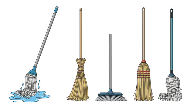 Cleaning equipment set featuring various mops and brooms with a puddle of blue water on a clean white background.