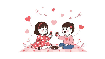 Adorable children sharing cupcakes surrounded by whimsical hearts and floral