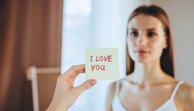Self-Affirmation Mirror Note. Valentine&rsquo;s Day - Modern Romance. A close-up of a mirror with a handwritten positive affirmation or I love you written in lipstick or a sticky note..
